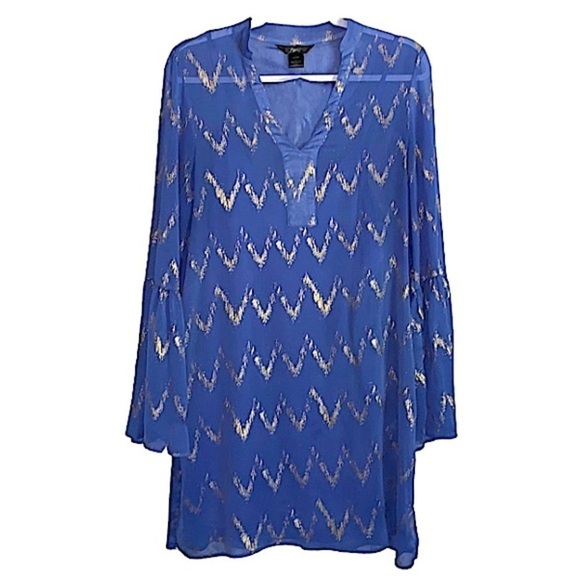 Chiffon Shift Dress Shirt Dress Large V Neck Long Bell Sleeve Blue Gold Rock 47 - Picture 5 of 7